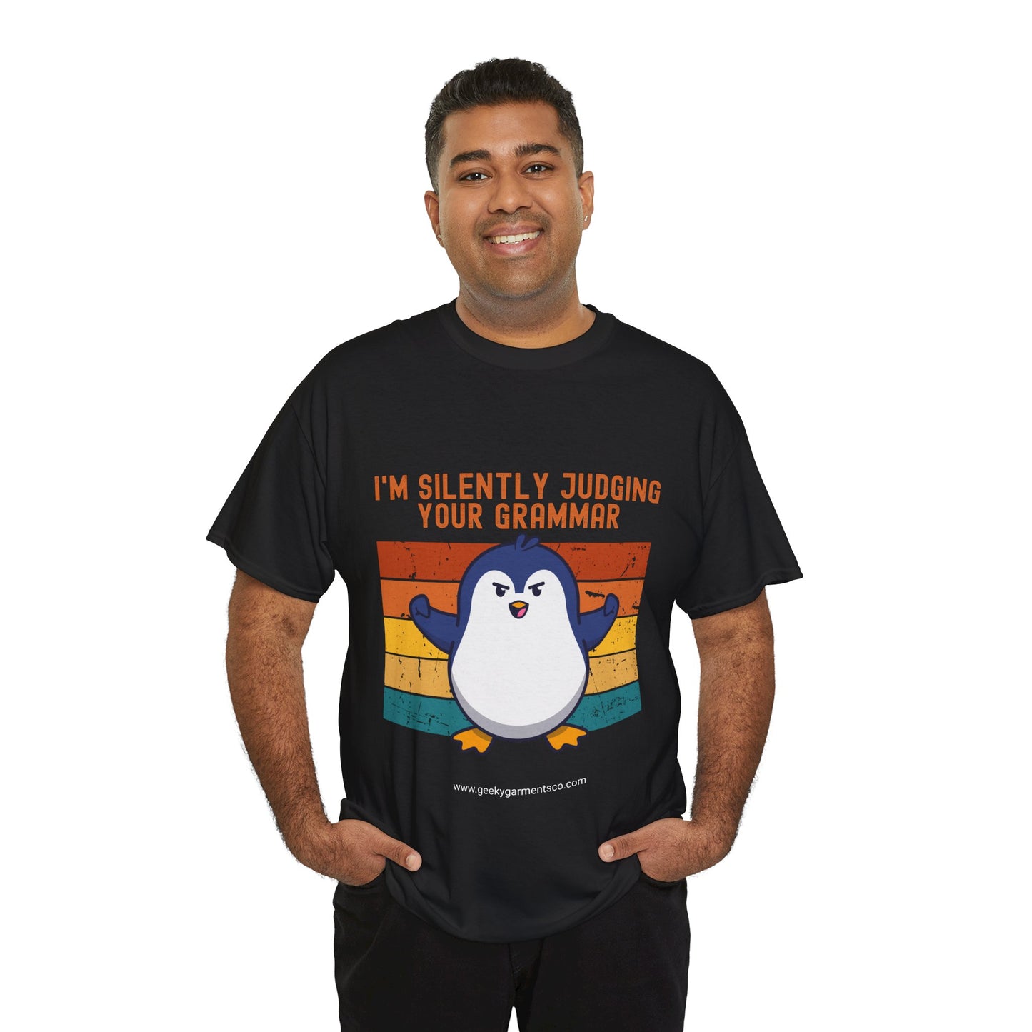 "I'm silently judging your grammar" Judgy Penguin Retro Sunset Tee