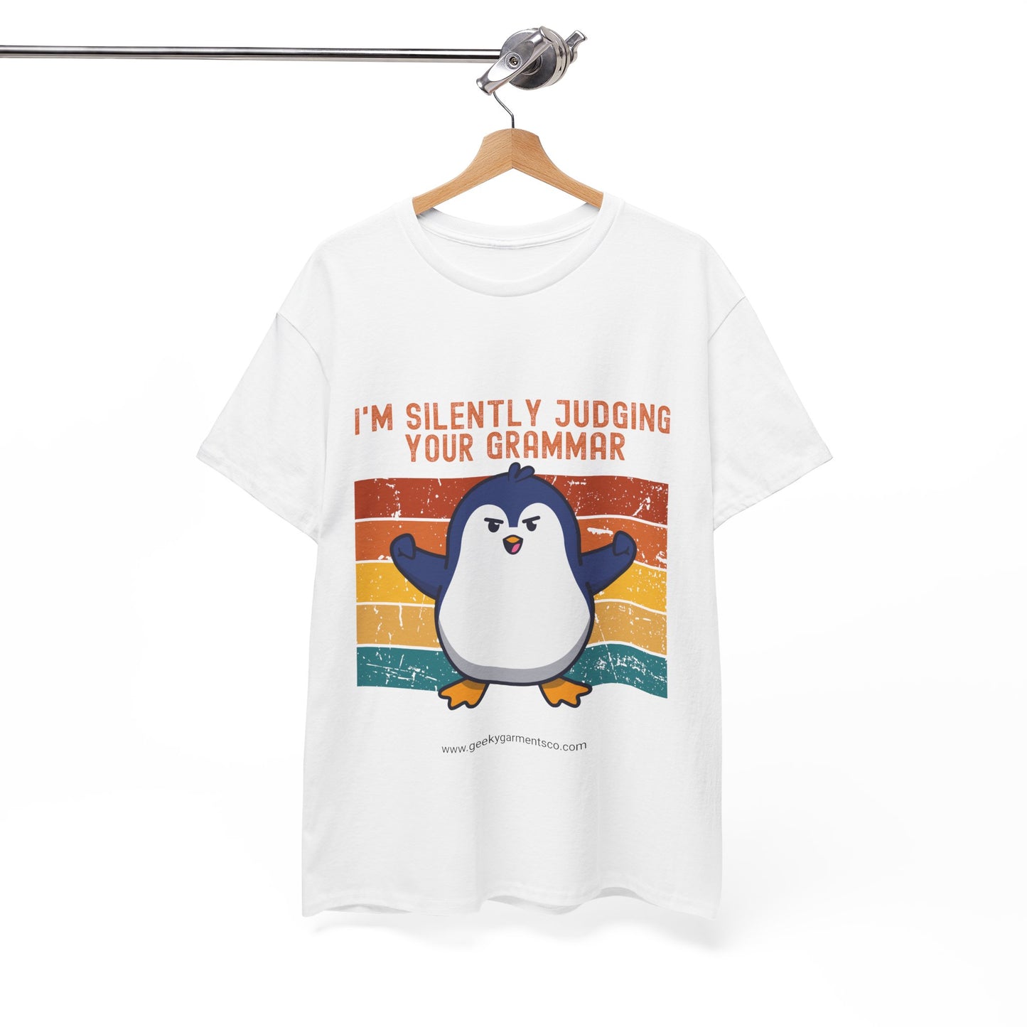 "I'm silently judging your grammar" Judgy Penguin Retro Sunset Tee