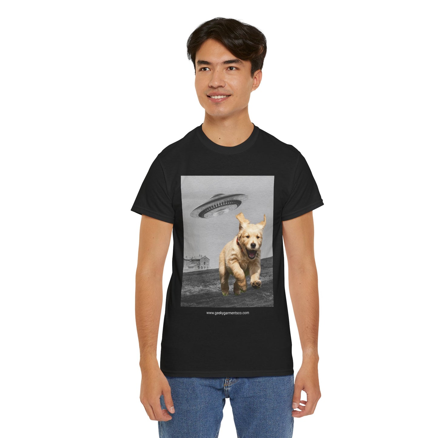 Golden Retriever puppy being chased by a UFO Tee, Dog Mom Shirt, Dog Dad Shirt, Pet Owner Gift, Graphic Tee, Funny Animal Tee, Gift for Dog Lovers