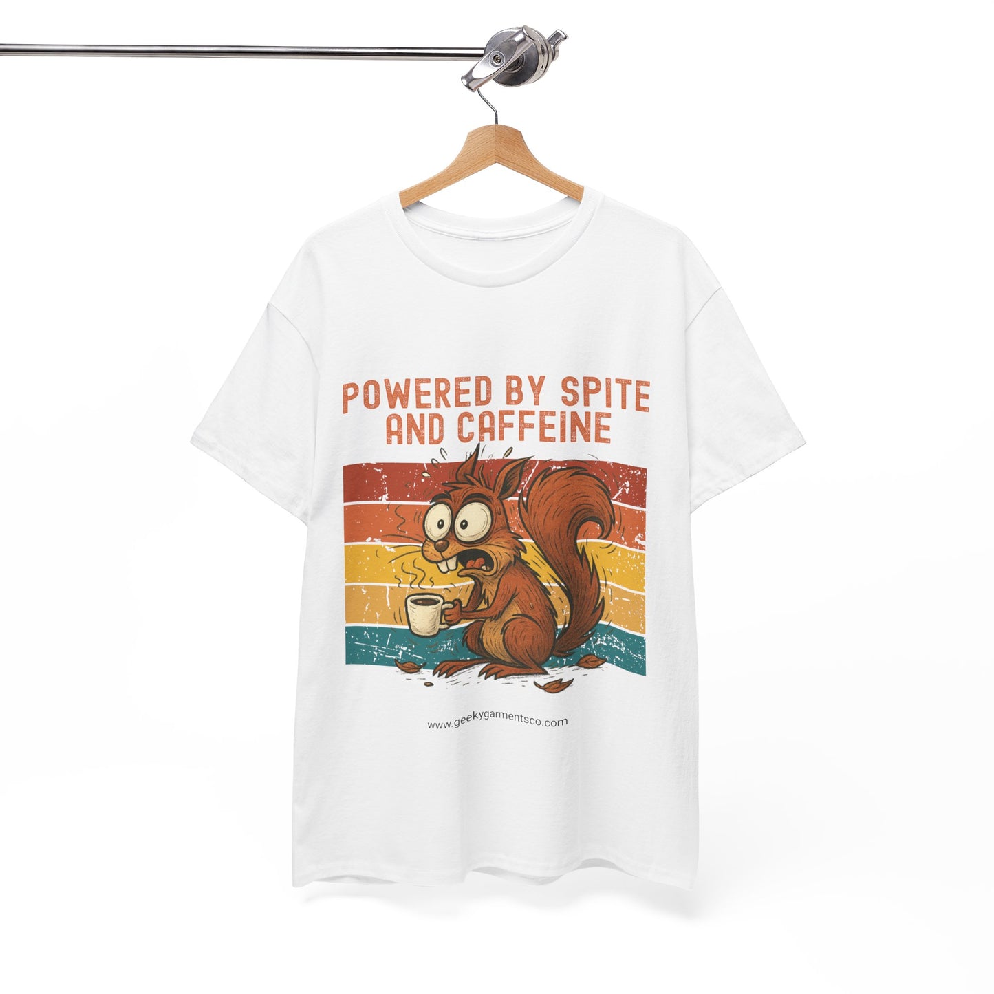 Powered by Spite and Caffeine - Jittery Squirrel Drinking Coffee Retro Sunset Tee