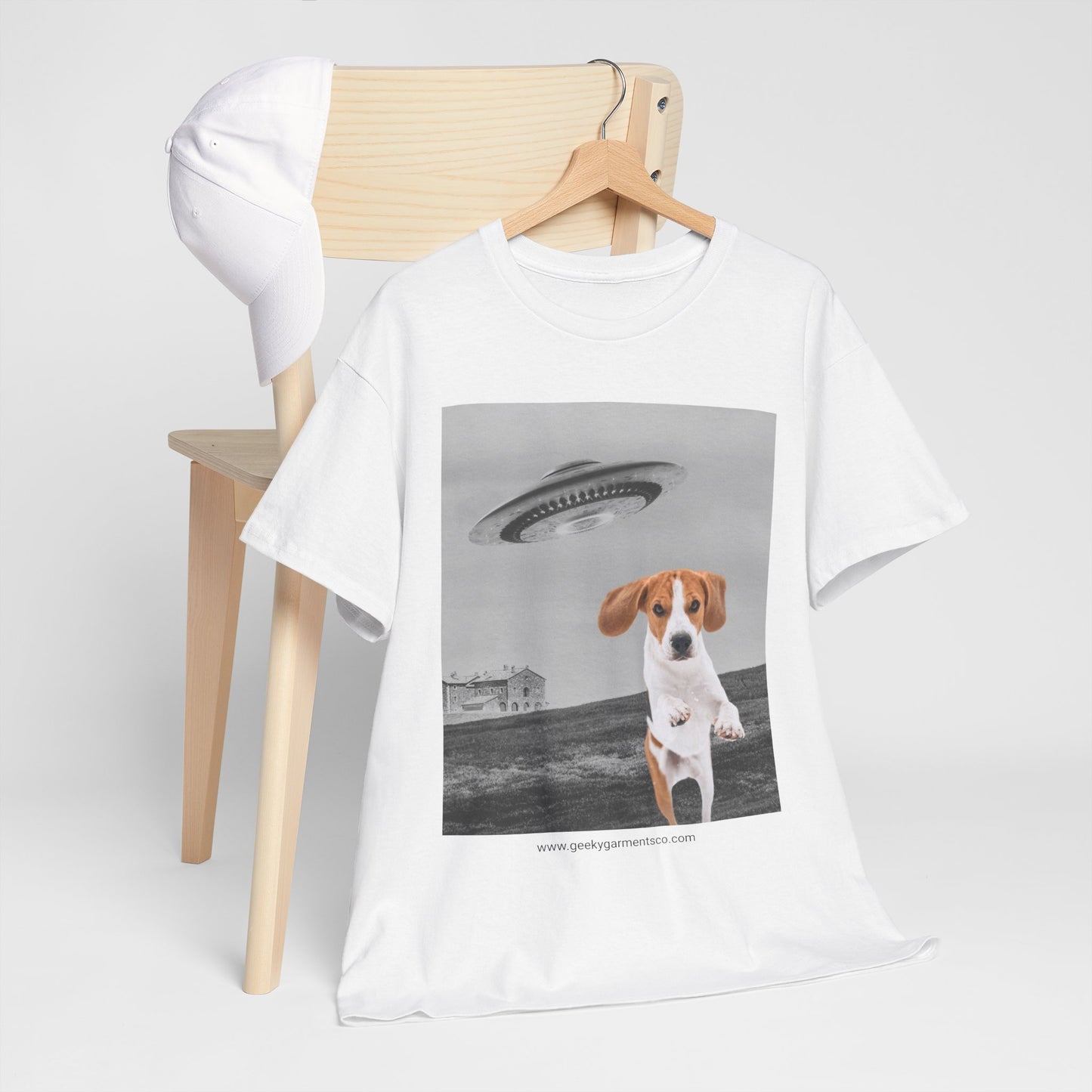 Beagle puppy being chased by a UFO Tee, Dog Mom Shirt, Dog Dad Shirt, Pet Owner Gift, Graphic Tee, Funny Animal Tee, Gift for Dog Lovers