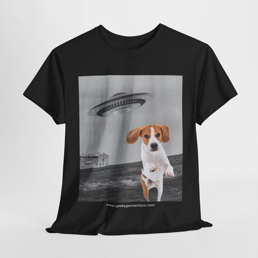 Beagle puppy being chased by a UFO Tee, Dog Mom Shirt, Dog Dad Shirt, Pet Owner Gift, Graphic Tee, Funny Animal Tee, Gift for Dog Lovers