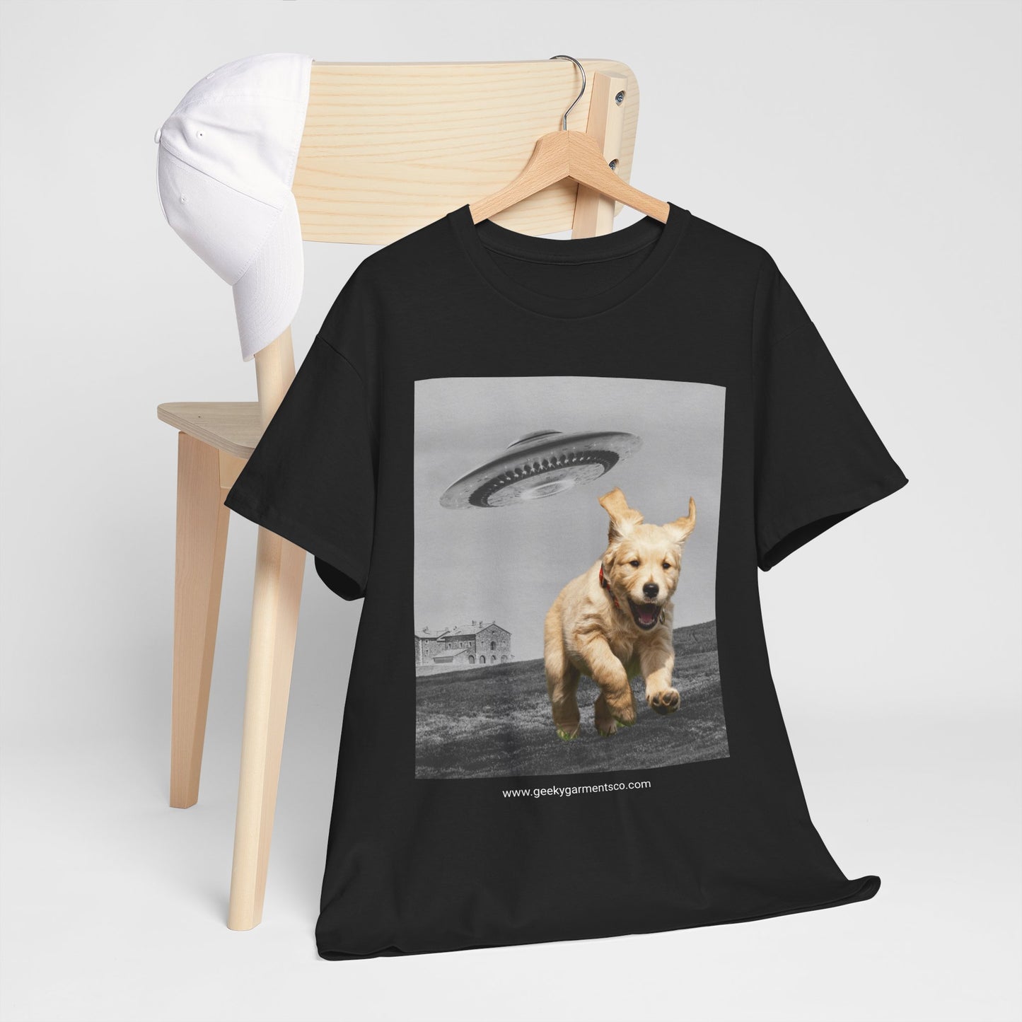 Golden Retriever puppy being chased by a UFO Tee, Dog Mom Shirt, Dog Dad Shirt, Pet Owner Gift, Graphic Tee, Funny Animal Tee, Gift for Dog Lovers