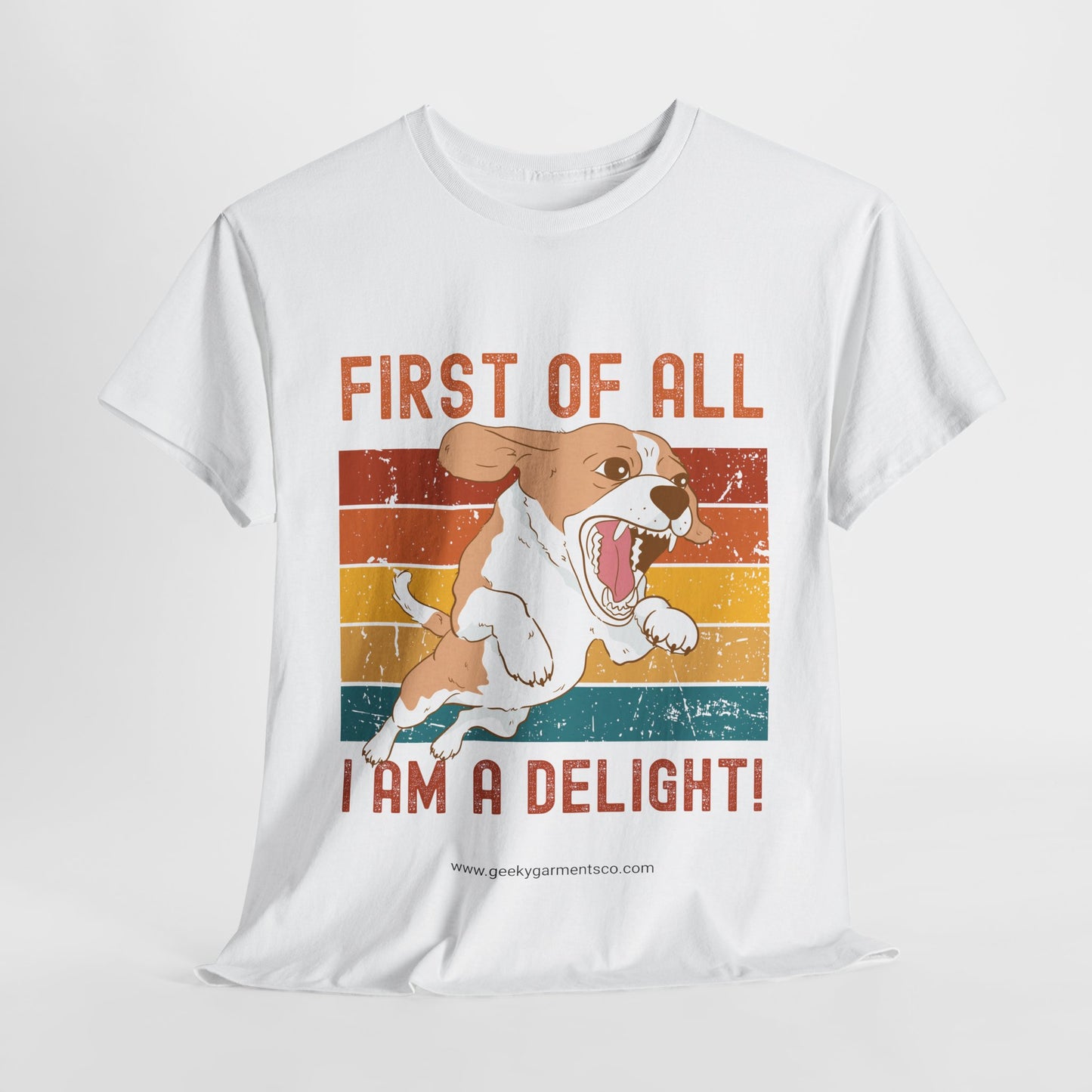 "First of all I am a delight!" angry dog on retro sunset tshirt (corgi)