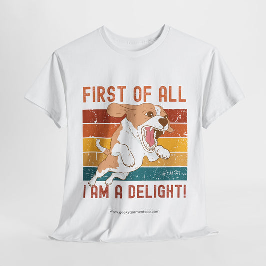 "First of all I am a delight!" angry dog on retro sunset tshirt (corgi)