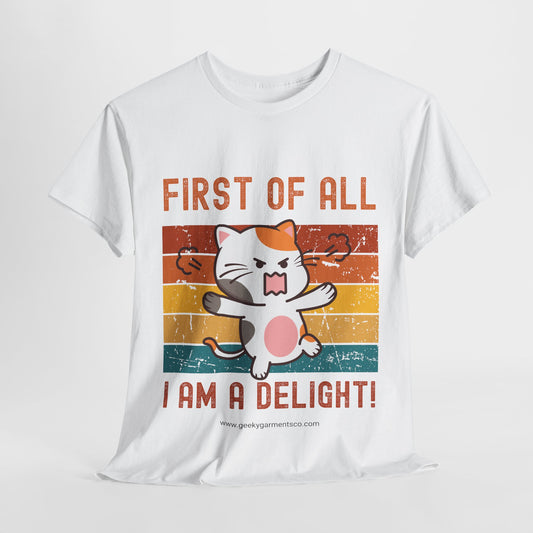 "First of all I'm a delight!" Cute Angry Cat Retro Sunset Tee