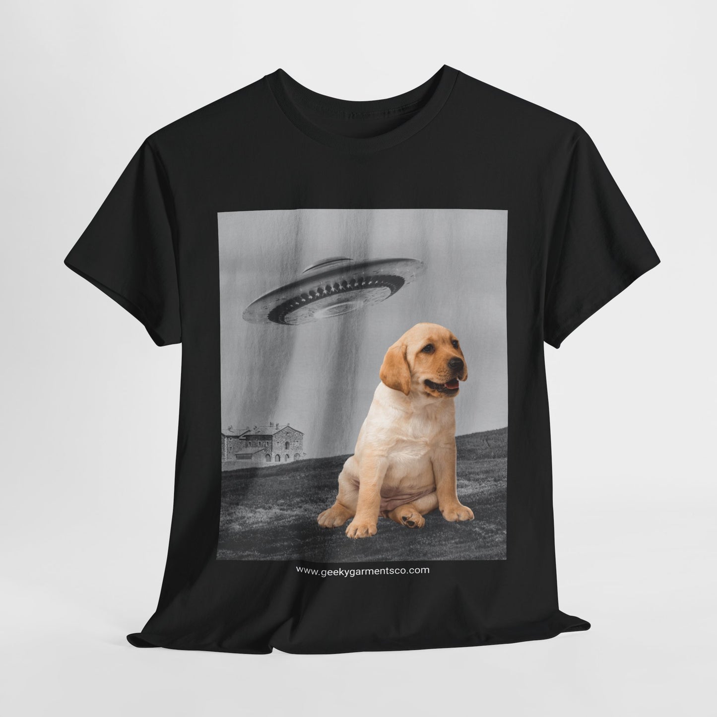 Labrador puppy being chased by a UFO Tee, Dog Mom Shirt, Dog Dad Shirt, Pet Owner Gift, Graphic Tee, Funny Animal Tee, Gift for Dog Lovers