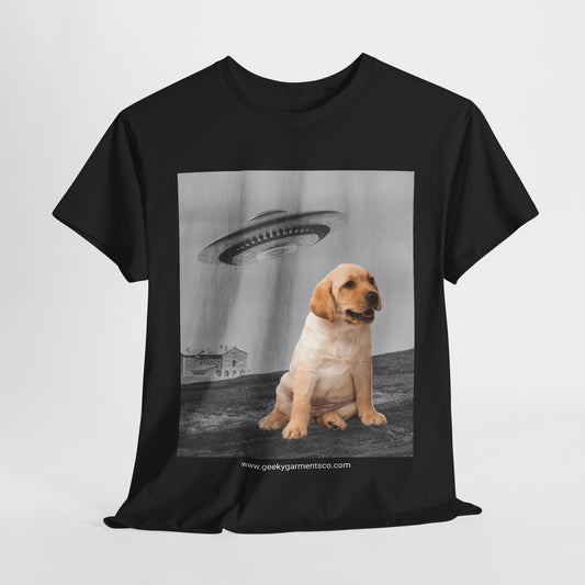 Labrador puppy being chased by a UFO Tee, Dog Mom Shirt, Dog Dad Shirt, Pet Owner Gift, Graphic Tee, Funny Animal Tee, Gift for Dog Lovers