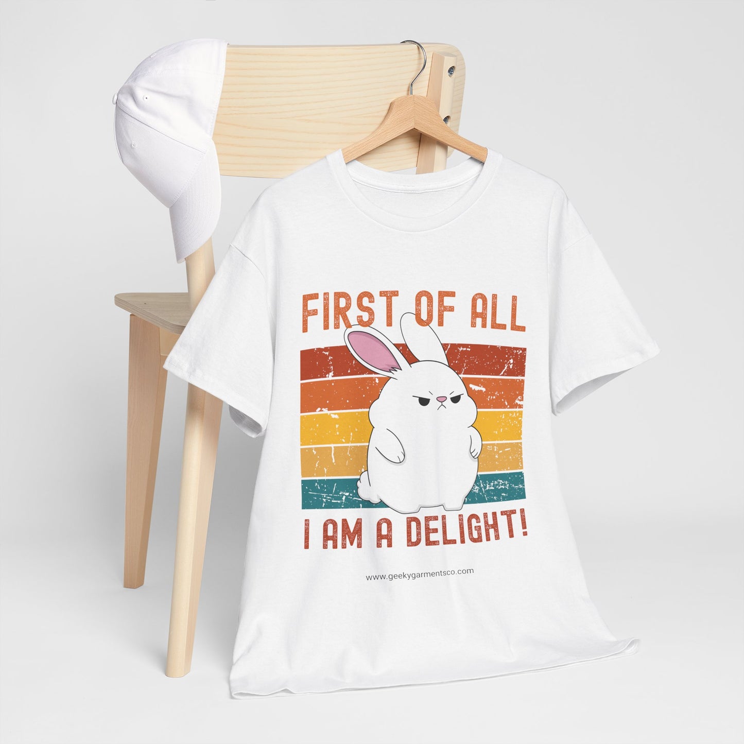 "First of all I'm a delight!" Angry White Bunny Retro Sunset Tee