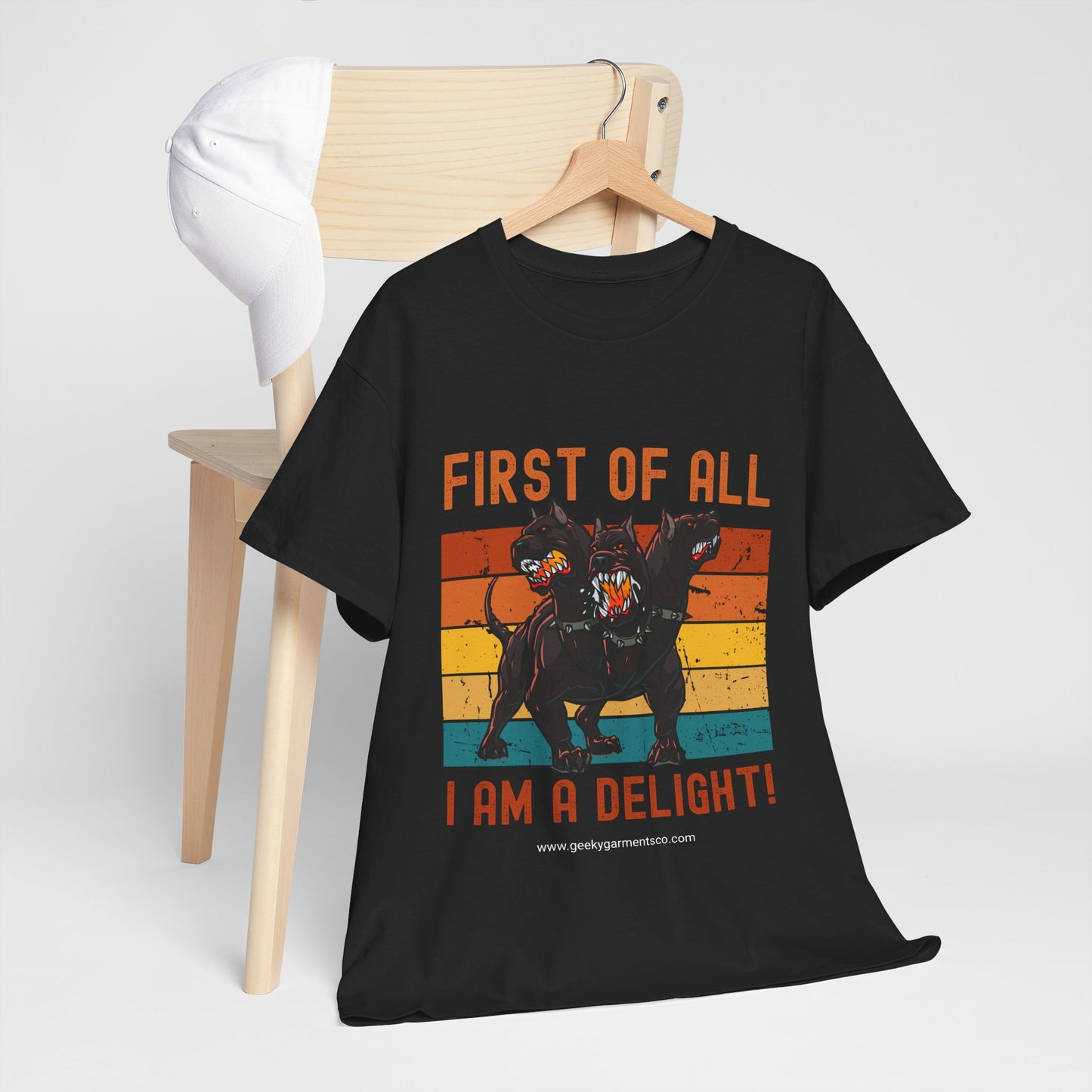 "First of all I'm a delight!" Cerberus Retro Sunset Tee