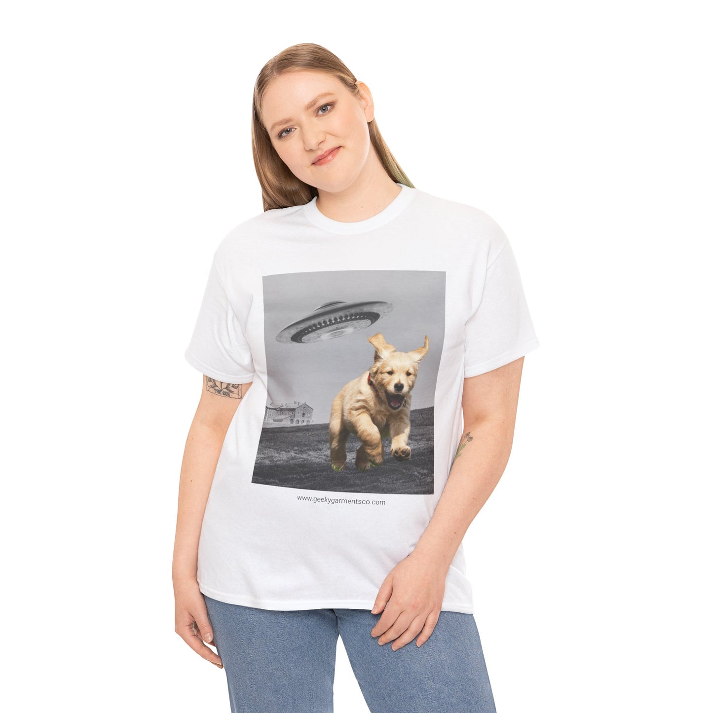 Golden Retriever puppy being chased by a UFO Tee, Dog Mom Shirt, Dog Dad Shirt, Pet Owner Gift, Graphic Tee, Funny Animal Tee, Gift for Dog Lovers