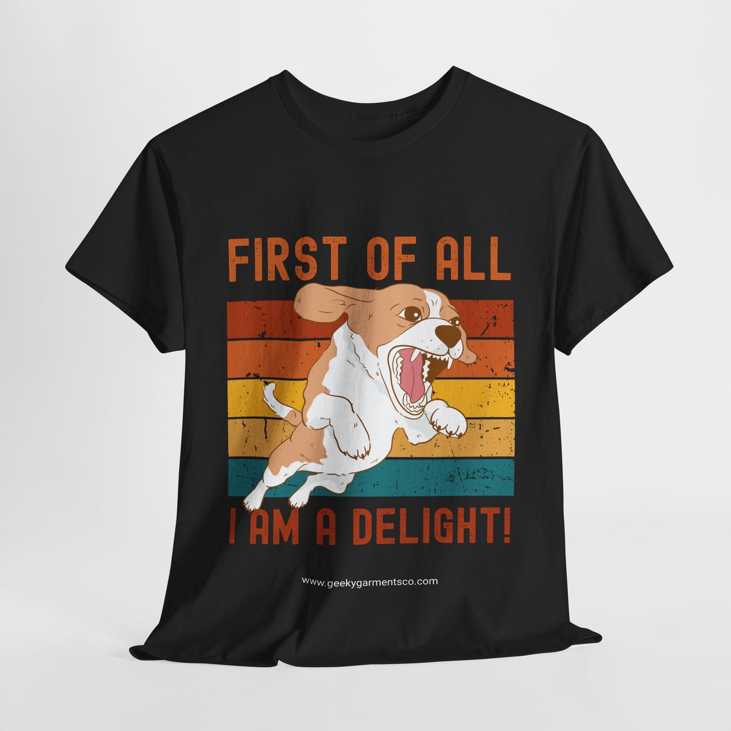 "First of all I am a delight!" angry dog on retro sunset tshirt (corgi)