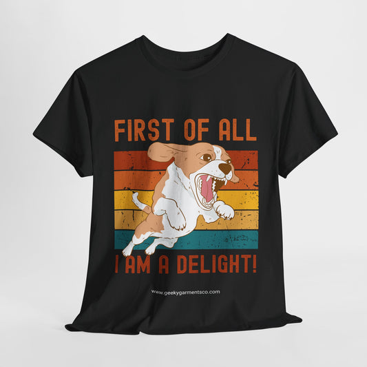 "First of all I am a delight!" angry dog on retro sunset tshirt (corgi)