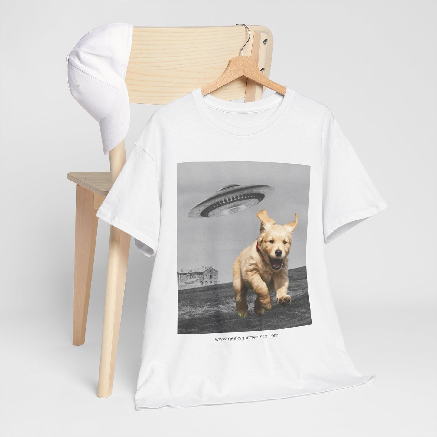 Golden Retriever puppy being chased by a UFO Tee, Dog Mom Shirt, Dog Dad Shirt, Pet Owner Gift, Graphic Tee, Funny Animal Tee, Gift for Dog Lovers