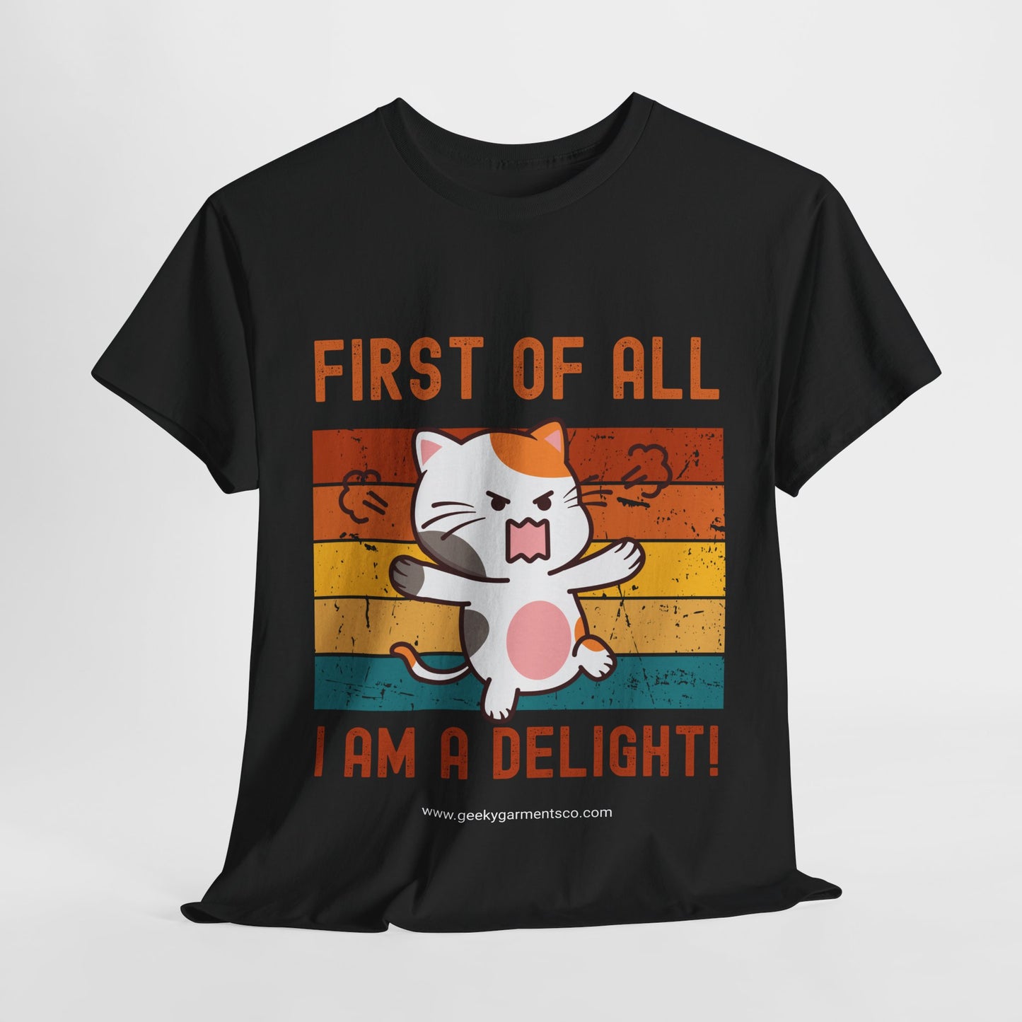 "First of all I'm a delight!" Cute Angry Cat Retro Sunset Tee
