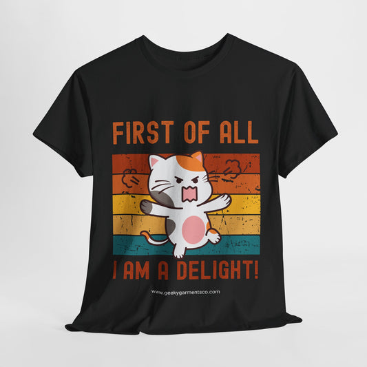 "First of all I'm a delight!" Cute Angry Cat Retro Sunset Tee