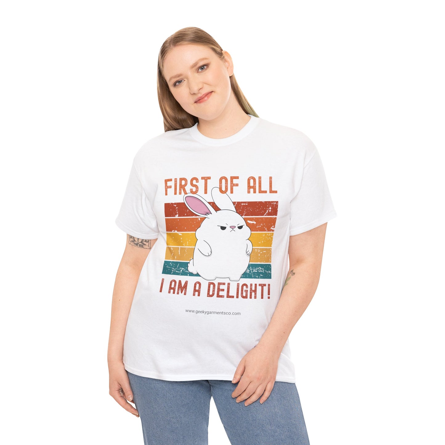 "First of all I'm a delight!" Angry White Bunny Retro Sunset Tee