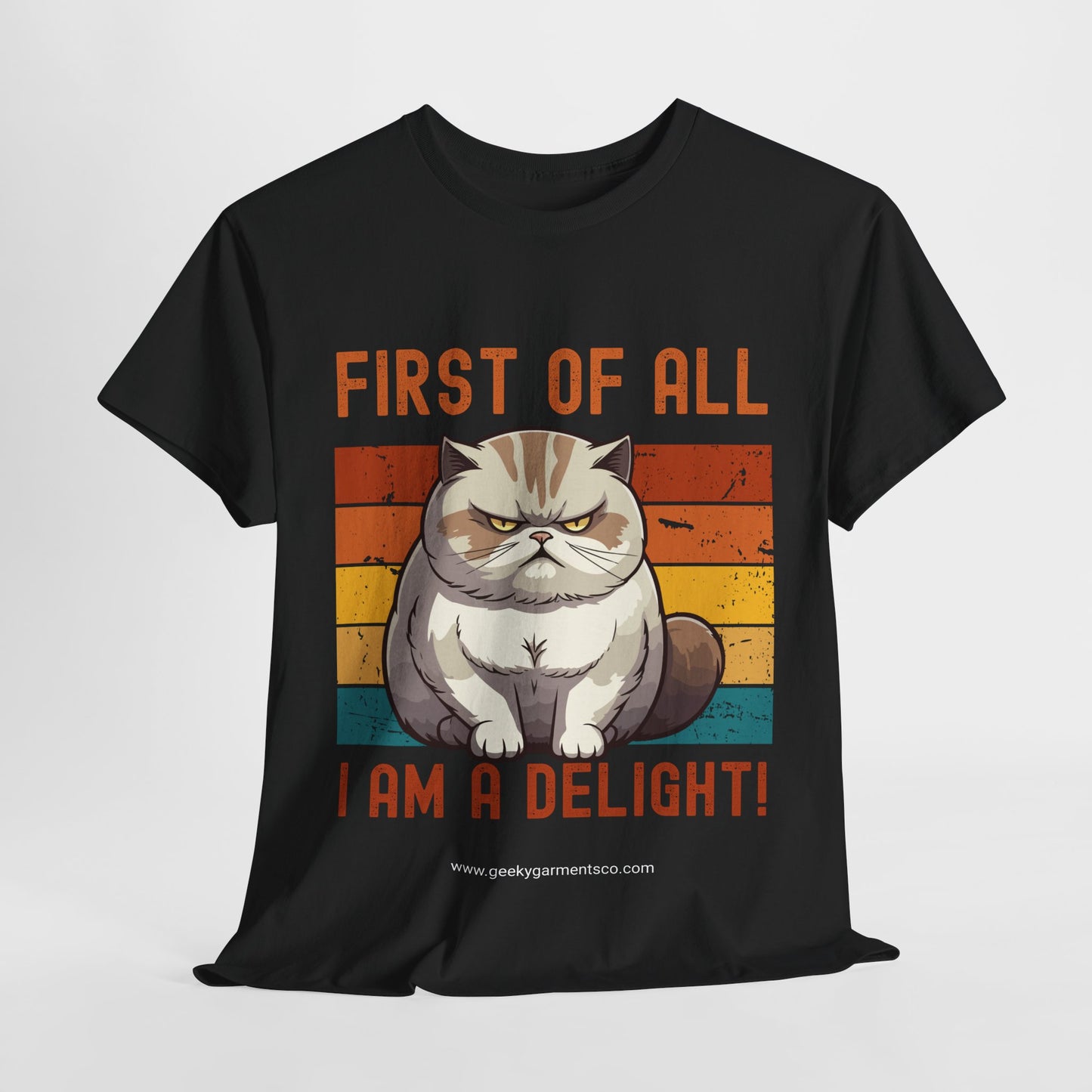 "First of all I am a delight!" fat cat on retro sunset tshirt