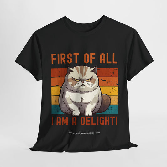 "First of all I am a delight!" fat cat on retro sunset tshirt