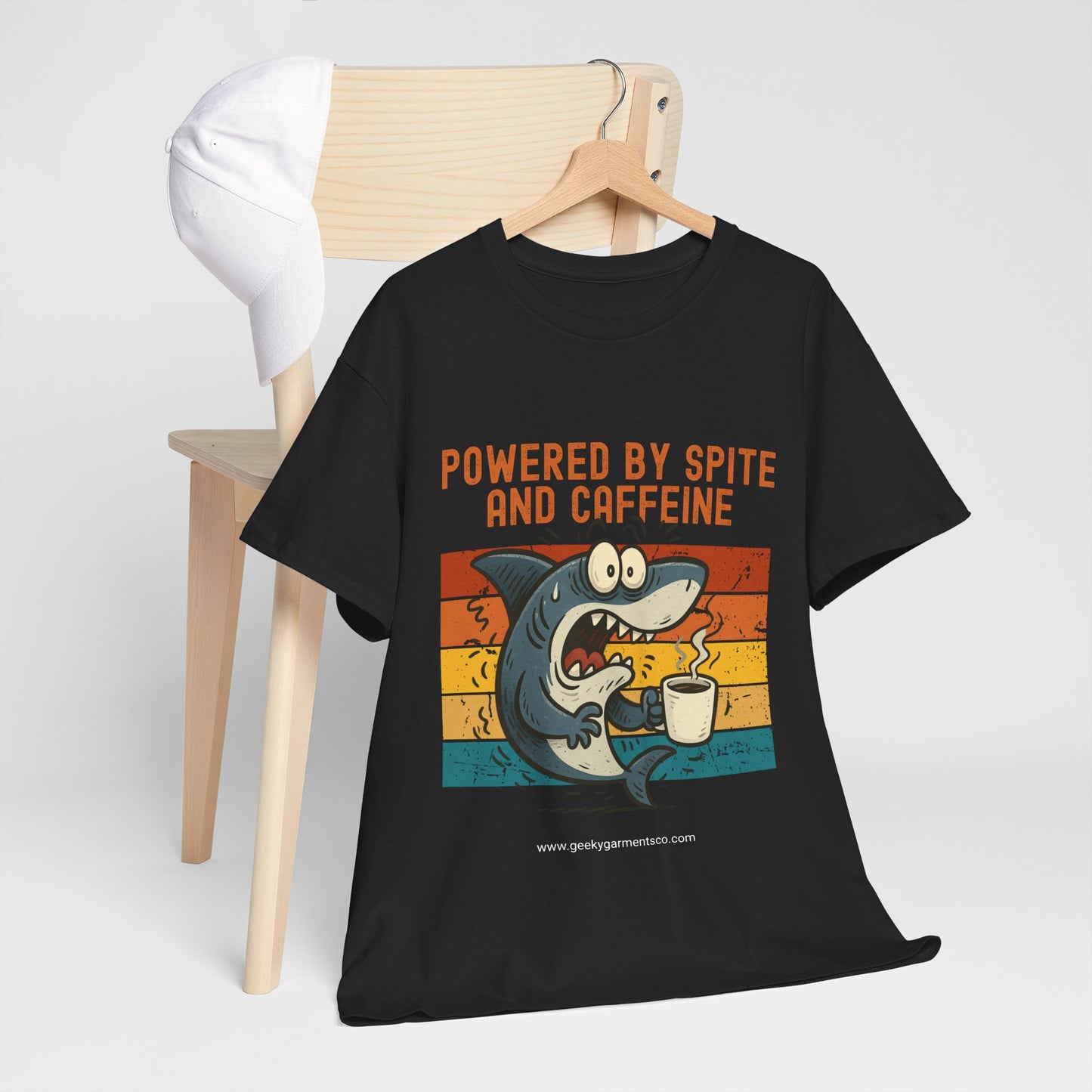 Powered by Spite and Caffeine - Jittery Shark Drinking Coffee Retro Sunset Tee