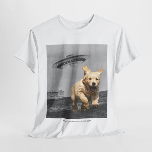 Golden Retriever puppy being chased by a UFO Tee, Dog Mom Shirt, Dog Dad Shirt, Pet Owner Gift, Graphic Tee, Funny Animal Tee, Gift for Dog Lovers