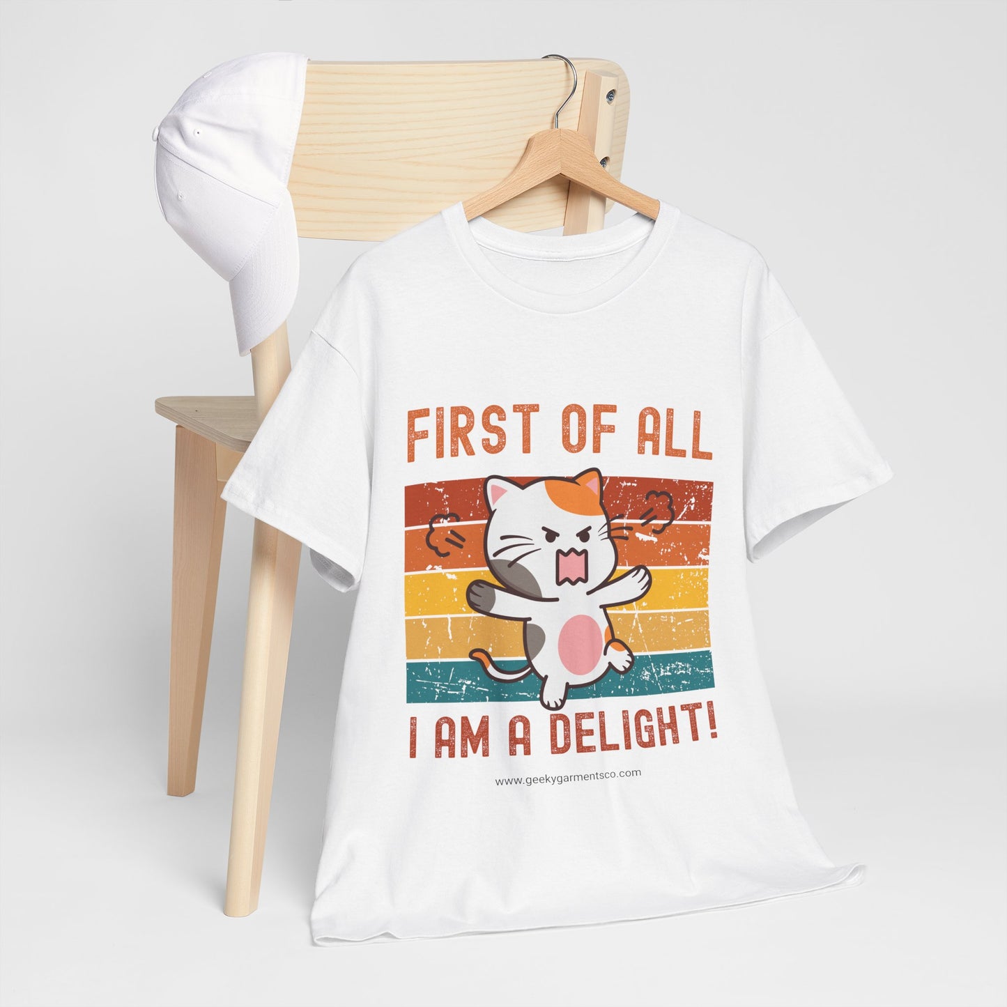 "First of all I'm a delight!" Cute Angry Cat Retro Sunset Tee
