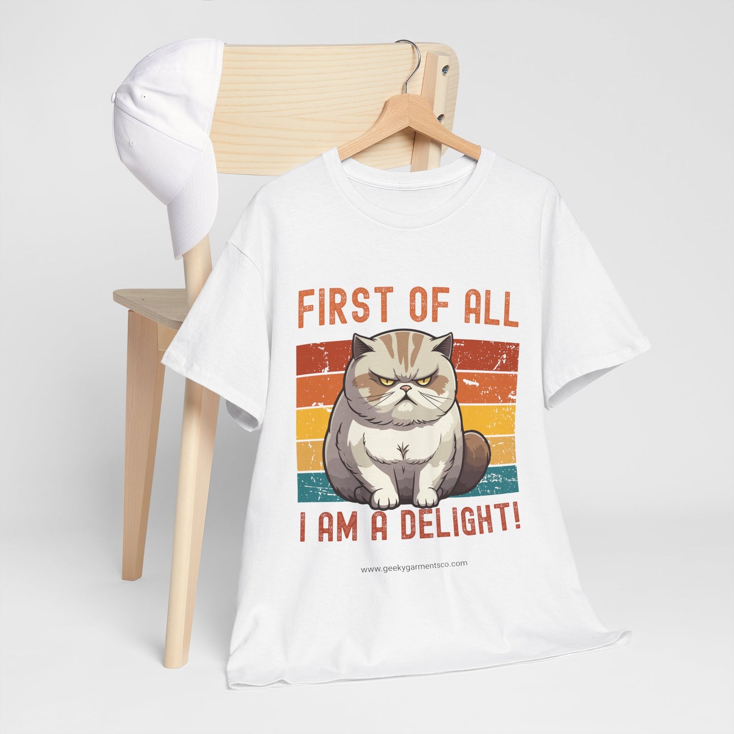 "First of all I am a delight!" fat cat on retro sunset tshirt