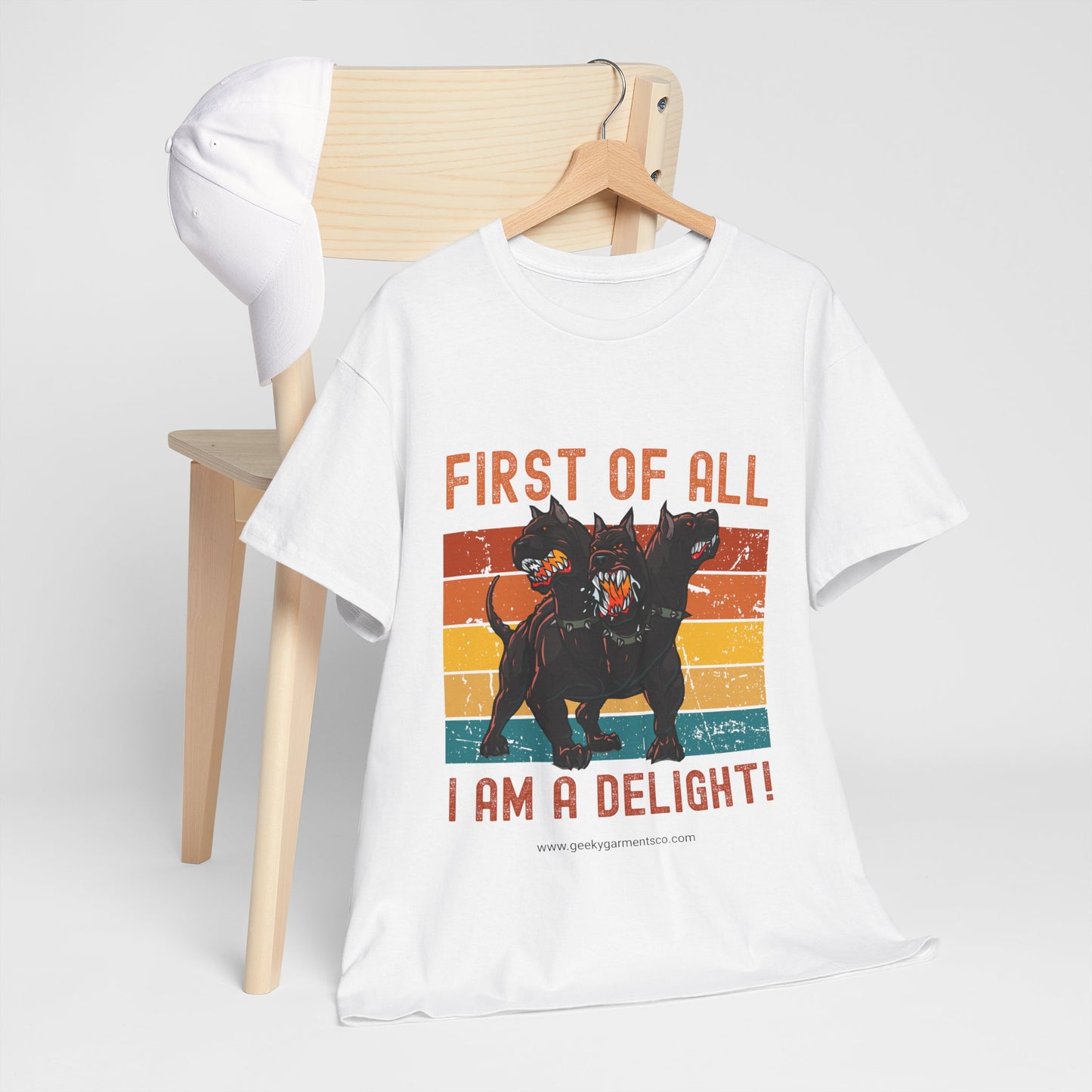 "First of all I'm a delight!" Cerberus Retro Sunset Tee