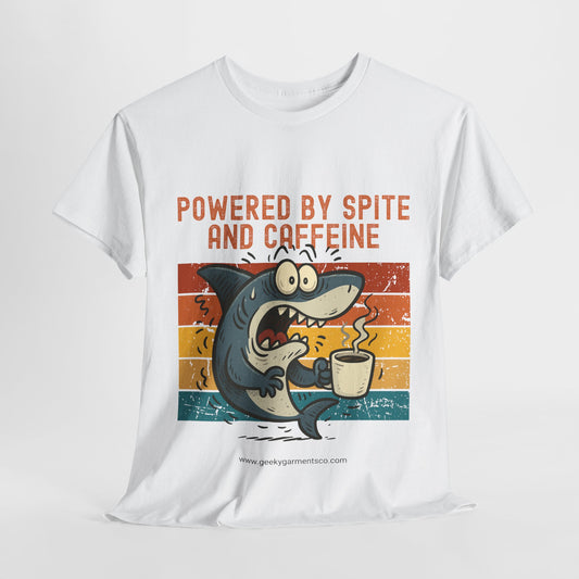 Powered by Spite and Caffeine -  Jittery Shark Drinking Coffee Retro Sunset Tee