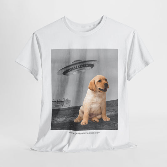 Labrador puppy being chased by a UFO Tee, Dog Mom Shirt, Dog Dad Shirt, Pet Owner Gift, Graphic Tee, Funny Animal Tee, Gift for Dog Lovers