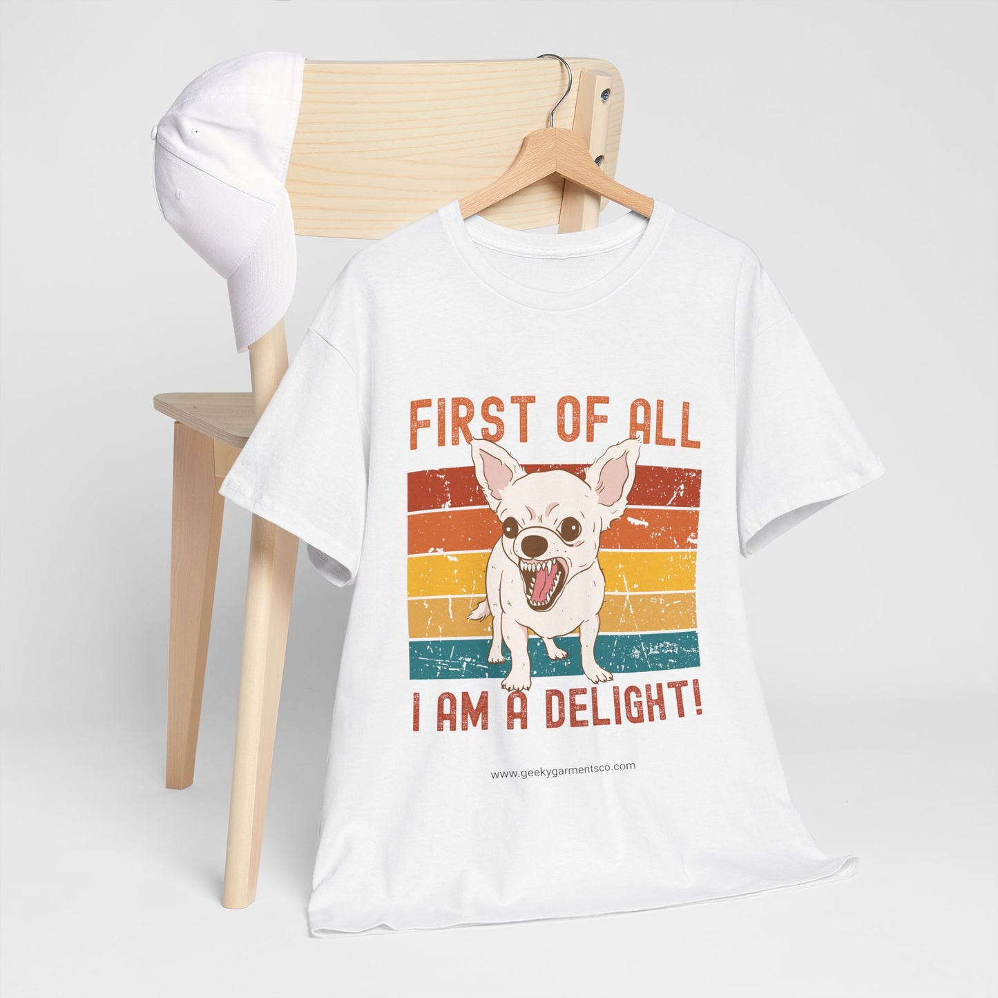"First of all I am a delight!" angry dog on retro sunset tshirt (chihuahua)