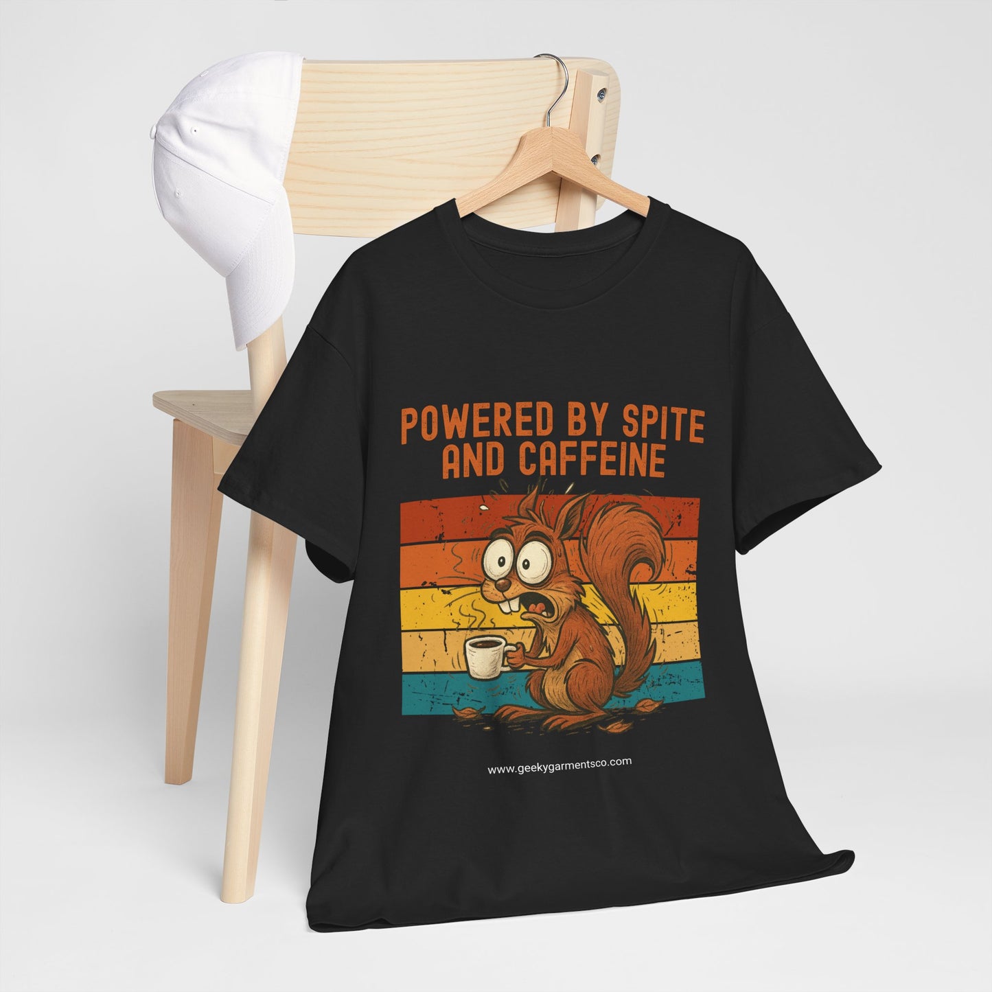 Powered by Spite and Caffeine - Jittery Squirrel Drinking Coffee Retro Sunset Tee