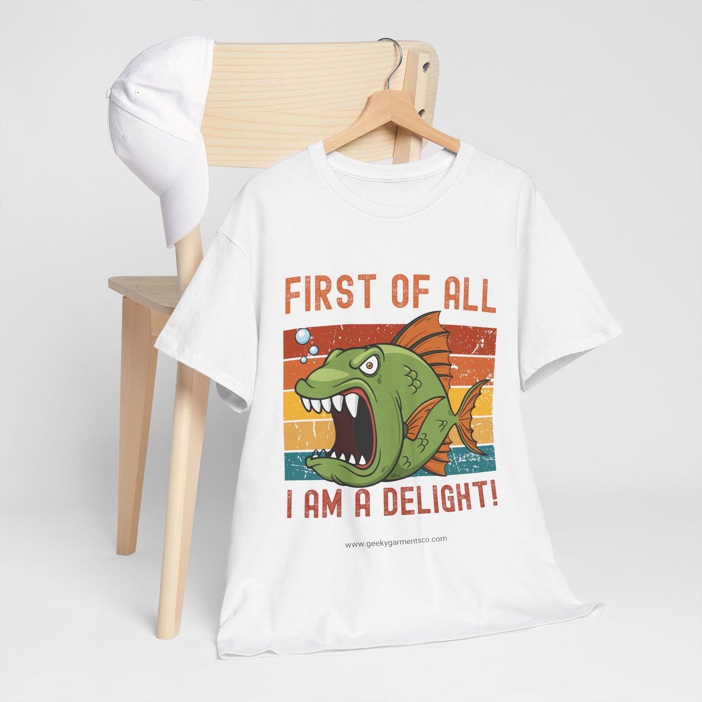"First of all I am a delight!" angry fish on retro sunset tshirt