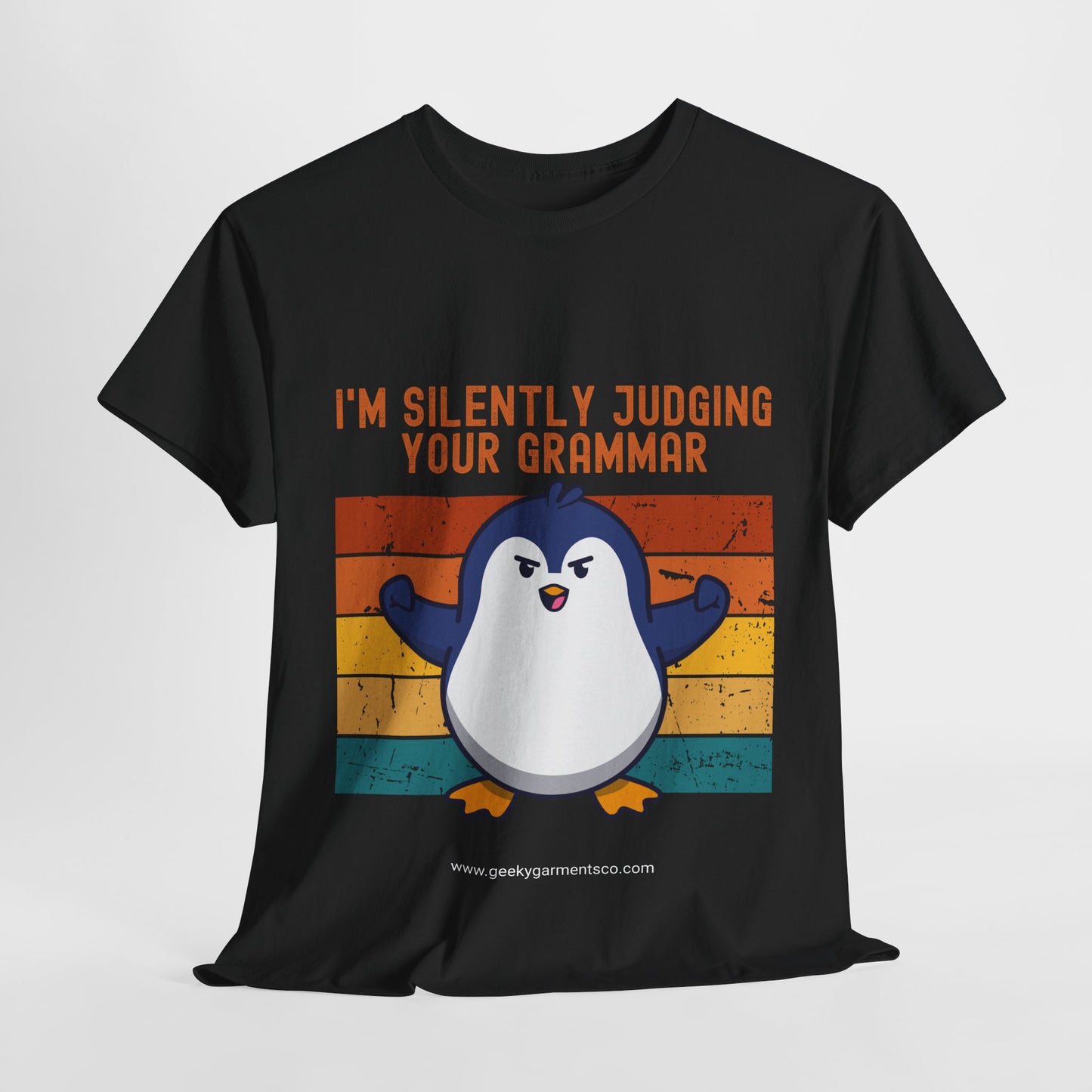 "I'm silently judging your grammar" Judgy Penguin Retro Sunset Tee