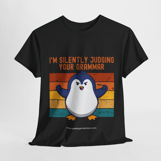"I'm silently judging your grammar" Judgy Penguin Retro Sunset Tee