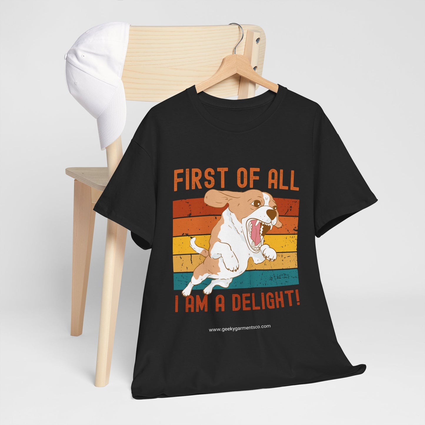 "First of all I am a delight!" angry dog on retro sunset tshirt (corgi)