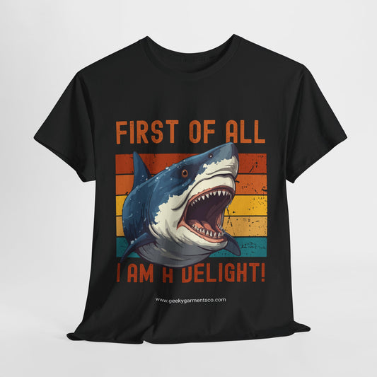 "First of all I am a delight!" Angry Shark Retro Sunset Tee