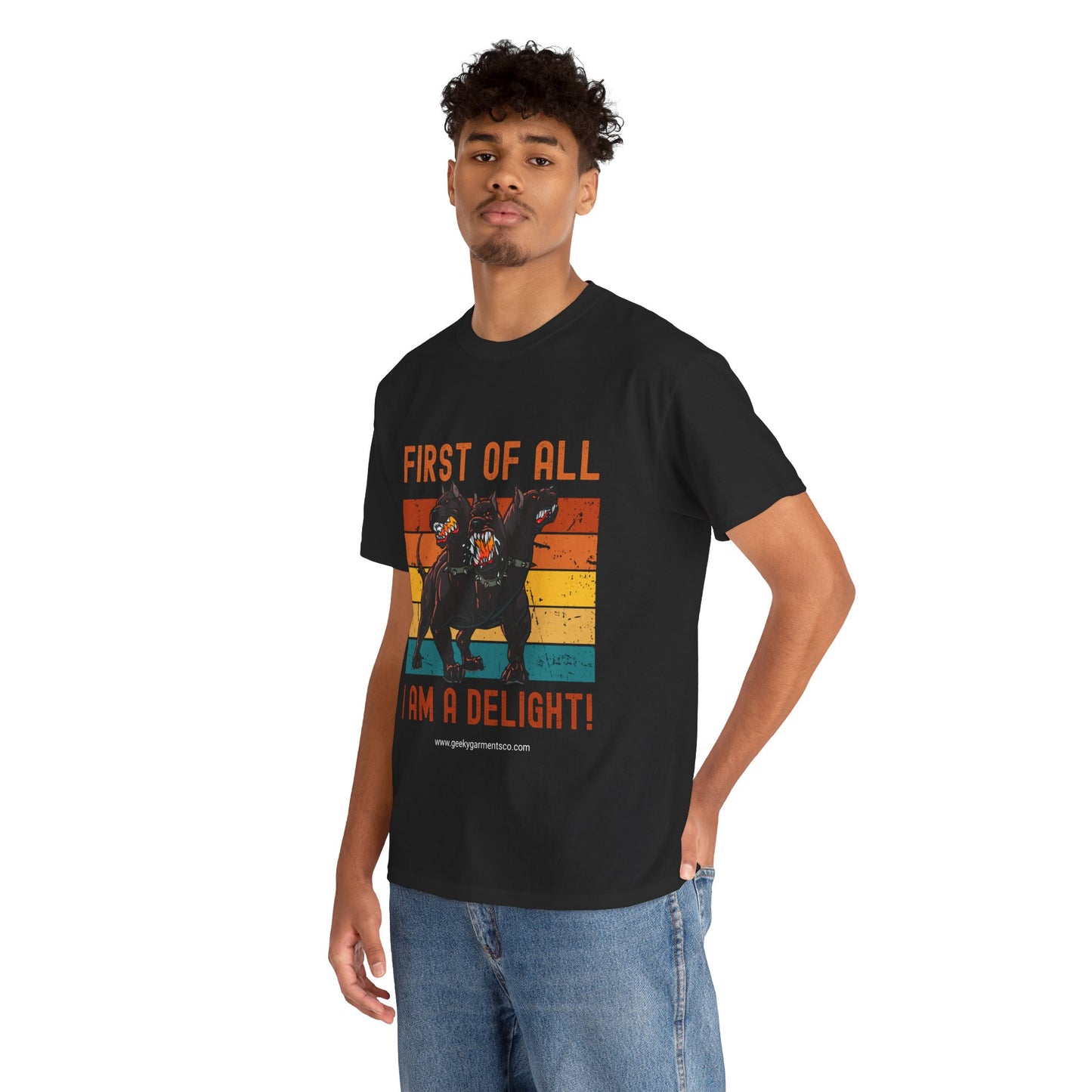"First of all I'm a delight!" Cerberus Retro Sunset Tee