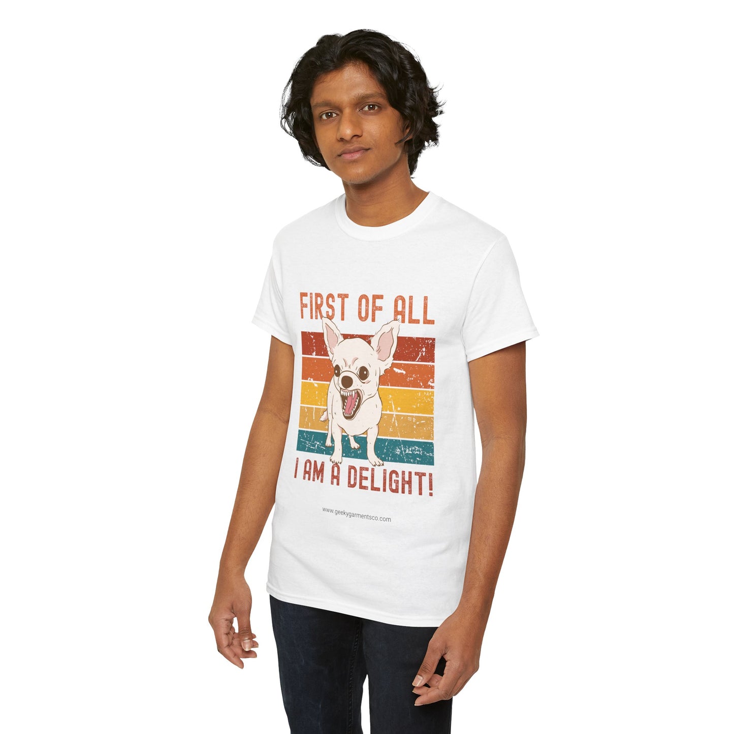 "First of all I am a delight!" angry dog on retro sunset tshirt (chihuahua)