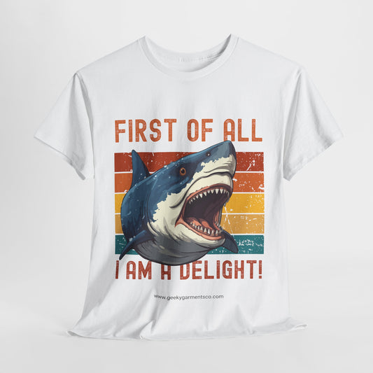 "First of all I am a delight!" Angry Shark Retro Sunset Tee