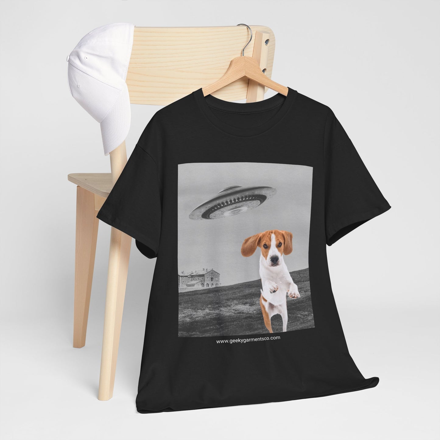 Beagle puppy being chased by a UFO Tee, Dog Mom Shirt, Dog Dad Shirt, Pet Owner Gift, Graphic Tee, Funny Animal Tee, Gift for Dog Lovers
