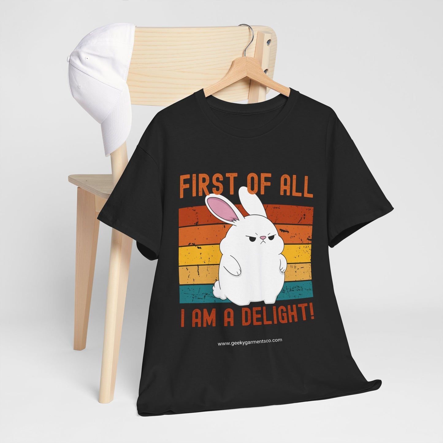"First of all I'm a delight!" Angry White Bunny Retro Sunset Tee