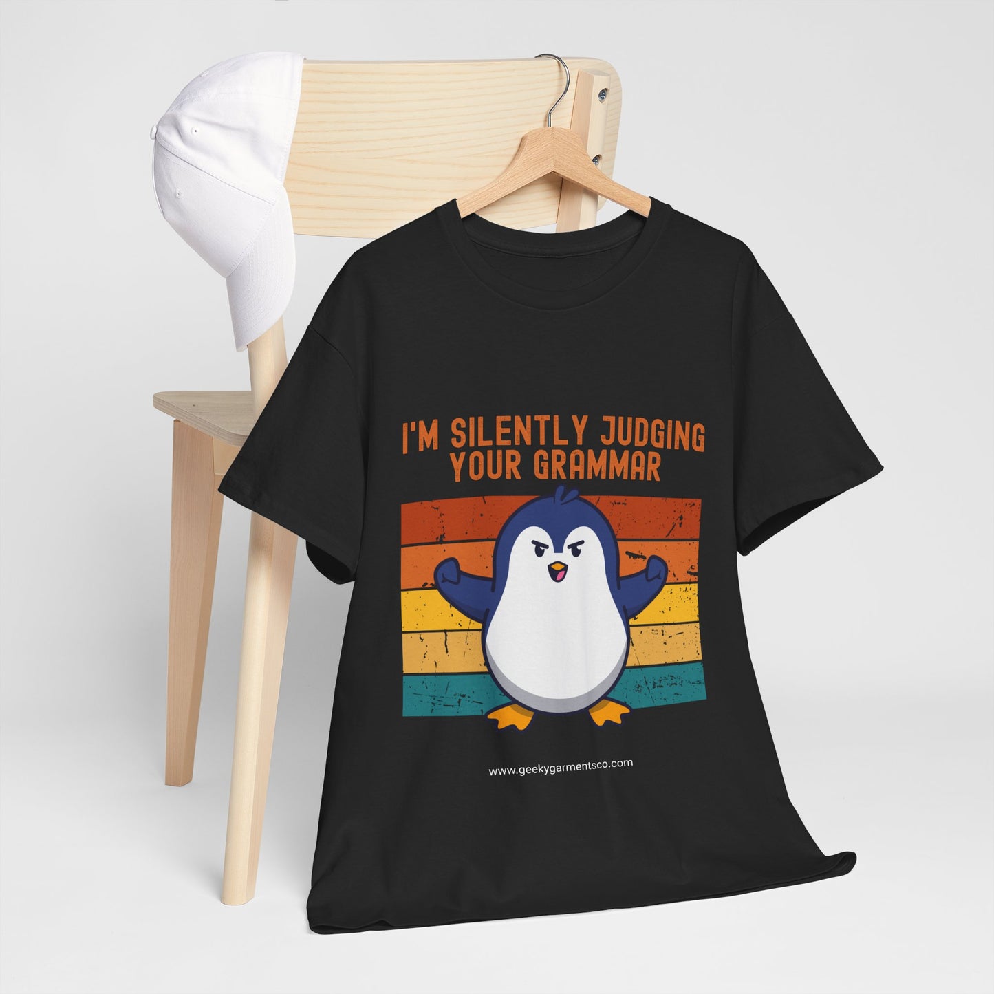 "I'm silently judging your grammar" Judgy Penguin Retro Sunset Tee