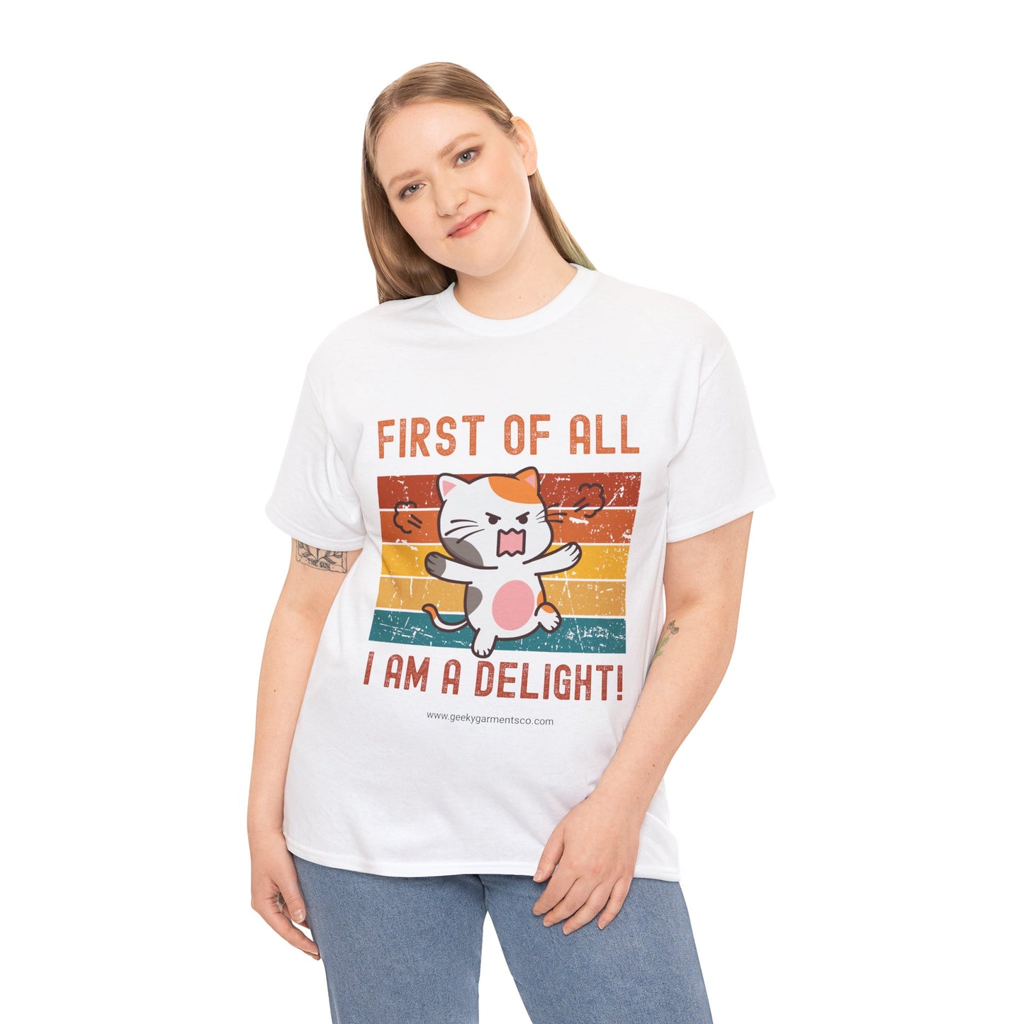 "First of all I'm a delight!" Cute Angry Cat Retro Sunset Tee