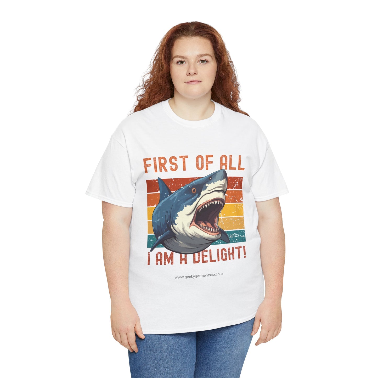 "First of all I am a delight!" Angry Shark Retro Sunset Tee