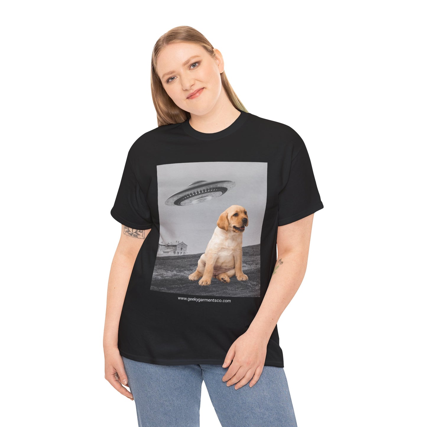 Labrador puppy being chased by a UFO Tee, Dog Mom Shirt, Dog Dad Shirt, Pet Owner Gift, Graphic Tee, Funny Animal Tee, Gift for Dog Lovers