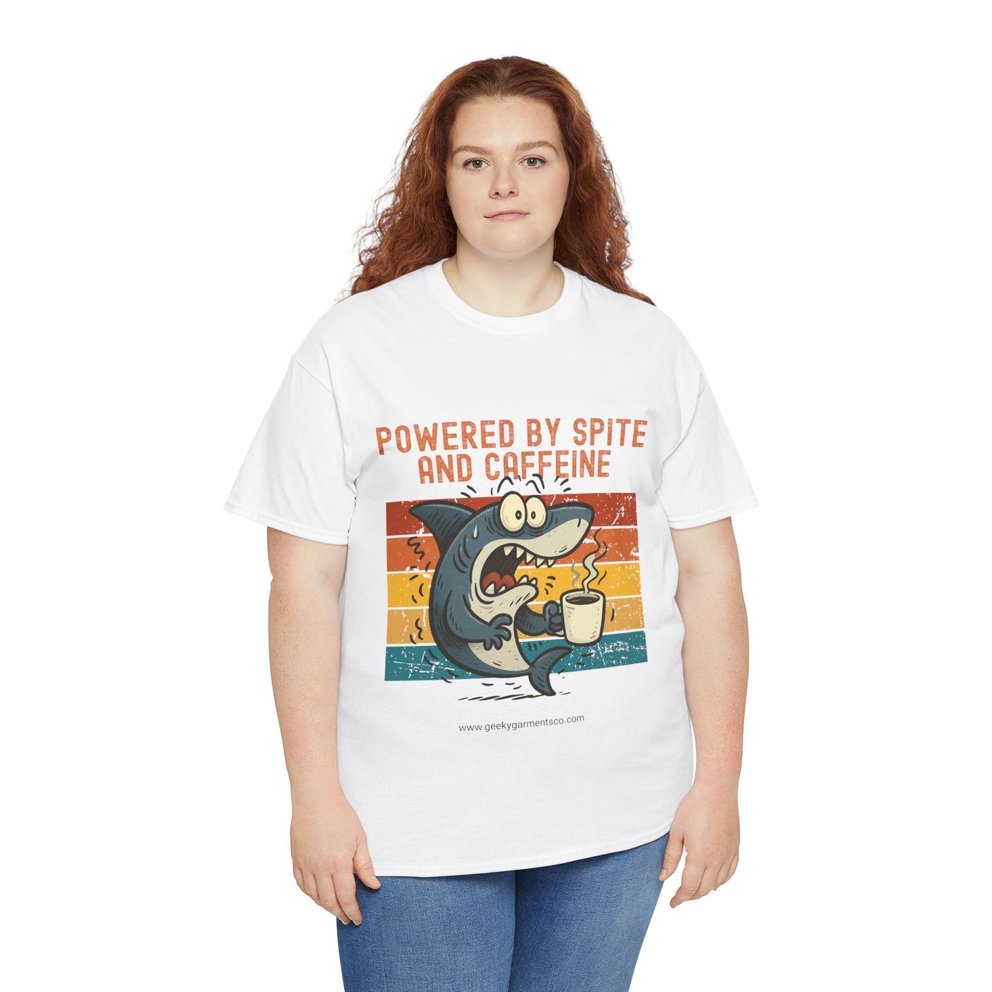 Powered by Spite and Caffeine - Jittery Shark Drinking Coffee Retro Sunset Tee