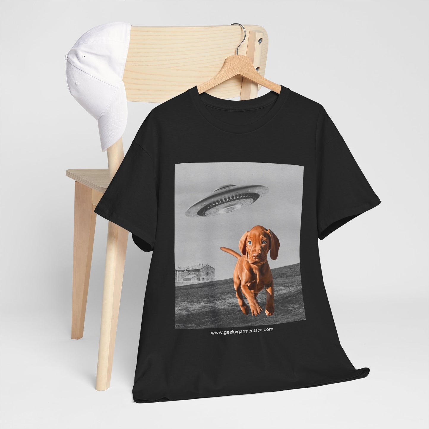 Viszla puppy being chased by a UFO Tee, Dog Mom Shirt, Dog Dad Shirt, Pet Owner Gift, Graphic Tee, Funny Animal Tee, Gift for Dog Lovers