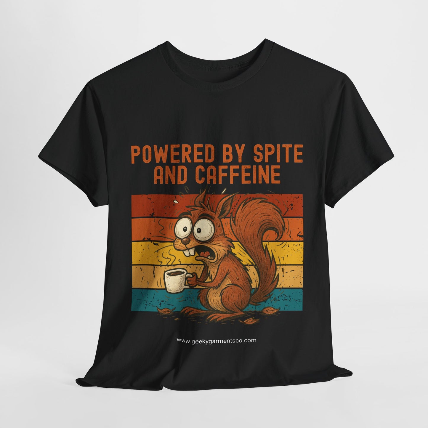 Powered by Spite and Caffeine - Jittery Squirrel Drinking Coffee Retro Sunset Tee