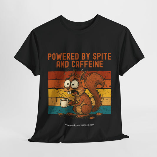 Powered by Spite and Caffeine - Jittery Squirrel Drinking Coffee Retro Sunset Tee